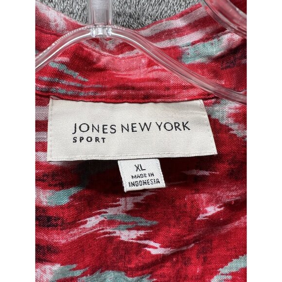 Jones New York Women’s XL Linen Button Top Red Abstract Aztec 3/4 Sleeve Blouse - Picture 2 of 5